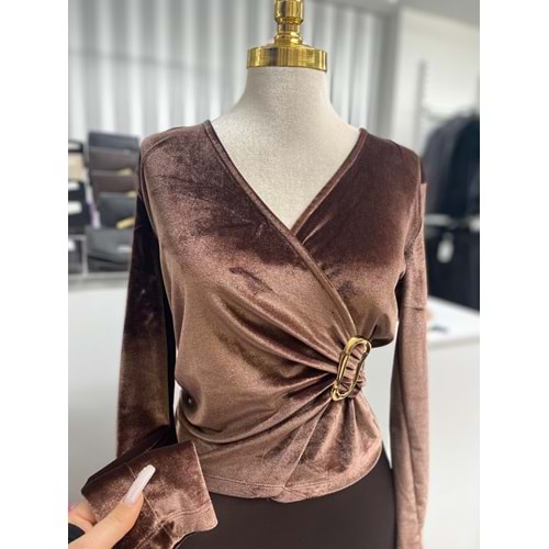 Kadife Bluz Tokalı 4898 - Kahve Rengi - M - AZRA07434-Kahve Rengi-M