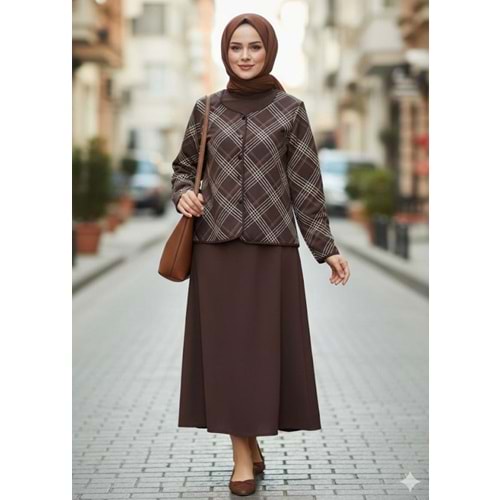 Ekose Desenli Etekli Takım 1133 - Acı Kahve - L - AZRA07476-Acı Kahve-L