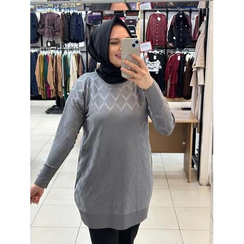 Baklavalı Merserize Tunik 3288 - Gri - TEK BEDEN - AZRA07490-59185
