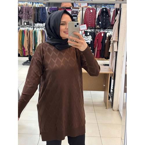 Baklavalı Merserize Tunik 3288 - Kahve Rengi - TEK BEDEN - AZRA07490-59186