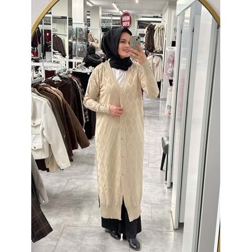 Uzun Baklava Desen Hırka 3295 - Bej - TEK BEDEN - AZRA07491-59194