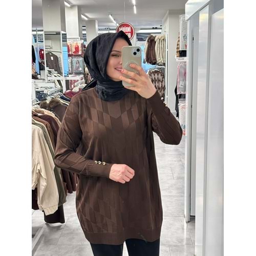 V Desen Salaş Merserize Tunik 3293 - Acı Kahve - TEK BEDEN - AZRA07527-59350