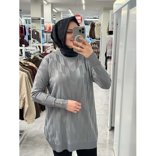 V Desen Salaş Merserize Tunik 3293 - Gri - TEK BEDEN - AZRA07527-59352