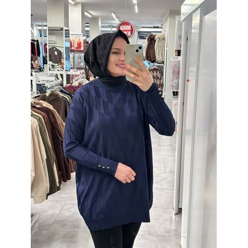 V Desen Salaş Merserize Tunik 3293 - Lacivert - TEK BEDEN - AZRA07527-59354