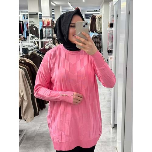 V Desen Salaş Merserize Tunik 3293 - Pembe - TEK BEDEN - AZRA07527-59357