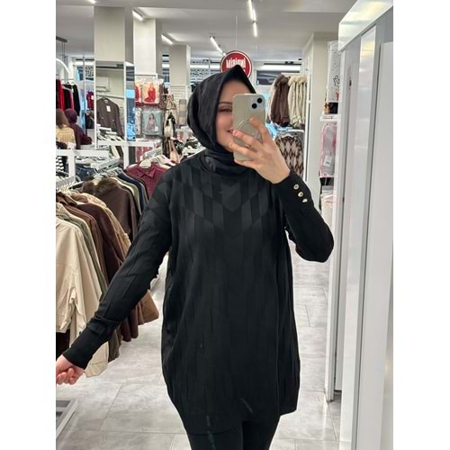 V Desen Salaş Merserize Tunik 3293 - Siyah - TEK BEDEN - AZRA07527-59358