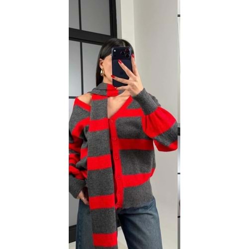 Çizgili Şallı Hırka 2569 - Kırmızı - TEK BEDEN