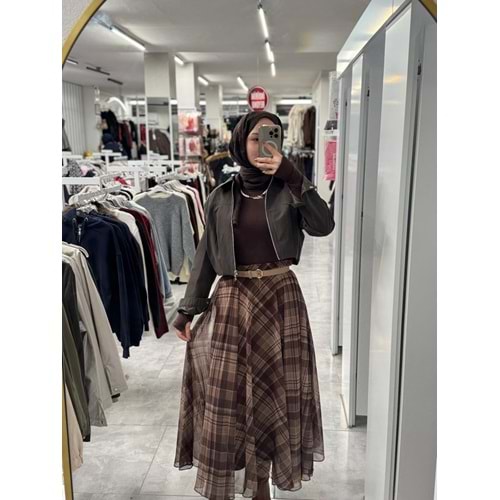 KMBN08 Ekose Desen Şifon Etek 250613 - Acı Kahve - L
