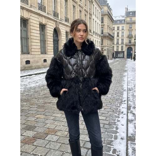 Peluşlu Lüks Mont 6183 - Siyah - TEK BEDEN