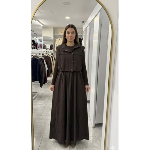 Çıkma Yelekli Elbise 34364 - Acı Kahve - M - AZRA07603-59737