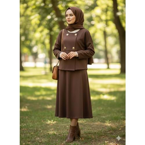 Yarasa Kol Gold Düğmeli Takım 35946 - Acı Kahve - M - AZRA07610-59777