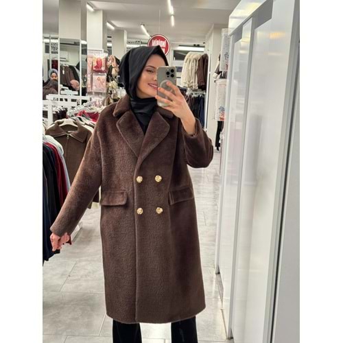 Gold Düğmeli Oversize Kaban 36089 - Kahve Rengi - TEK BEDEN - AZRA07611-59784