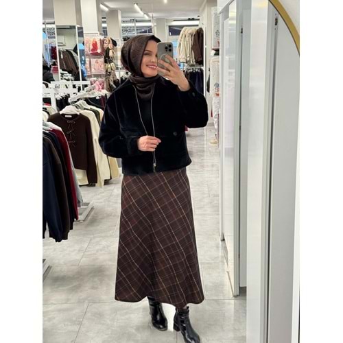 Çaprazlı Ekose Etek 1416 - Koyu Kahve - 48 - AZRA07628-59904