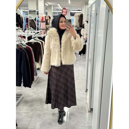 Çaprazlı Ekose Etek 1416 - Sütlü Kahve - 42 - AZRA07628-59925