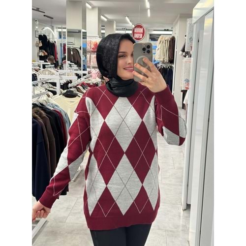 Baklava Desen Triko 3027 - Bordo Gri - TEK BEDEN