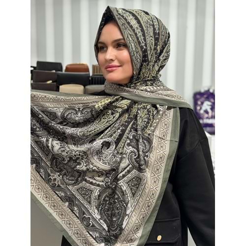 Büyük Etnik Desen Şal 1348 - Haki - TEK BEDEN - AZRA07683-60065