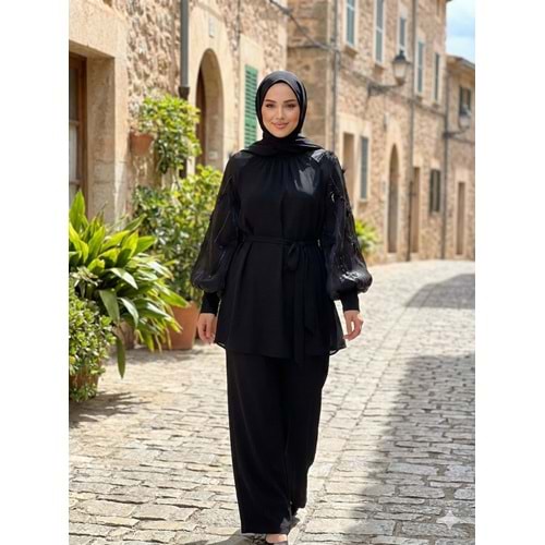 Kolları Organze Tüylü Takım 8613 - Siyah - 42 - AZRA07692-60108