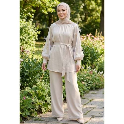 Kolları Organze Tüylü Takım 8613 - Bej - 40