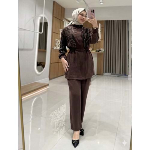0801 Taş İşlemeli Takım 1465 - Kahve Rengi - 38 - AZRA07699-60155