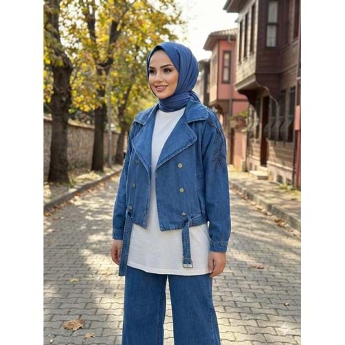 Kolları Taş İşlemeli Denim Ceket 7466 - Açık Mavi - M-L - AZRA07700-60165