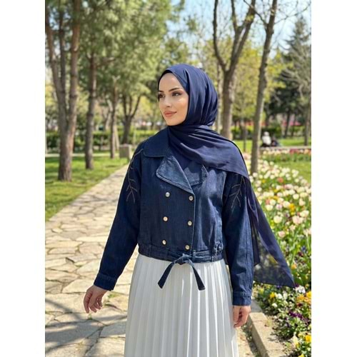 Kolları Taş İşlemeli Denim Ceket 7466 - Koyu Mavi - M-L - AZRA07700-60168