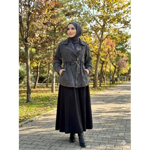 MGZN Beli Büzgülü Denim Ceket 7306 - Gri - TEK BEDEN - AZRA07701-60173