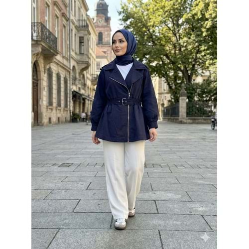 MGZN Beli Büzgülü Denim Ceket 7306 - Lacivert - TEK BEDEN - AZRA07701-60175