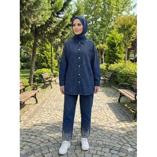 MGZN Full Taşlı Denim Takım 7469 - Koyu Mavi - S-M - AZRA07703-60190
