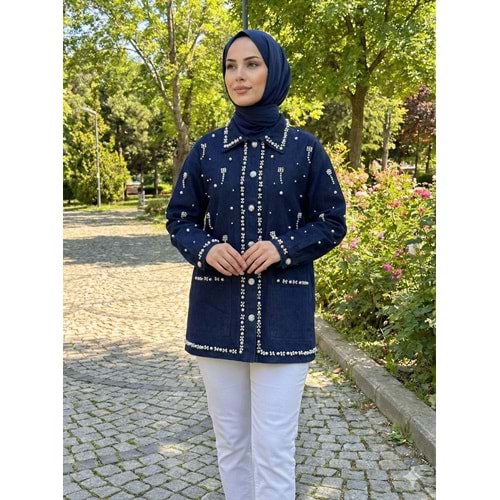 İnci ve Taş Detaylı Denim Ceket 7444 - Koyu Mavi - M-L - AZRA07704-60198