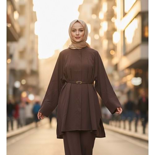 Kemerli Pileli Gömlek 26801 - Acı Kahve - L