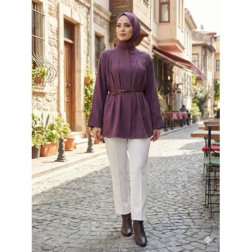 Kemerli Pileli Gömlek 26801 - Mürdüm - L