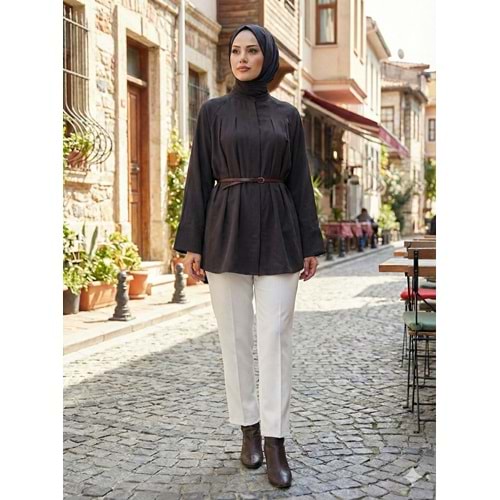 Kemerli Pileli Gömlek 26801 - Siyah - L