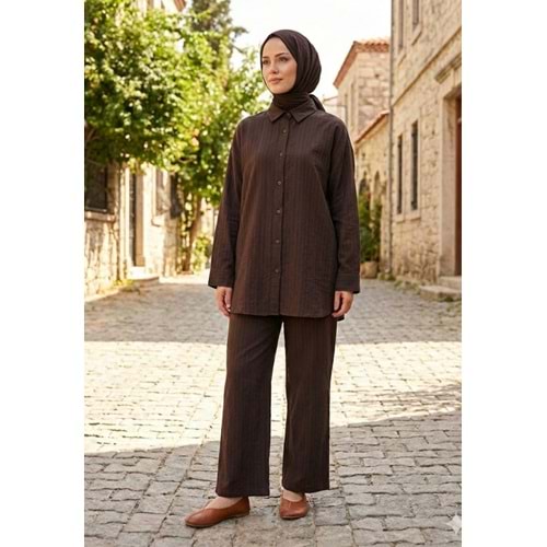 Çizgili Modal Kumaş Takım 26743 - Acı Kahve - S