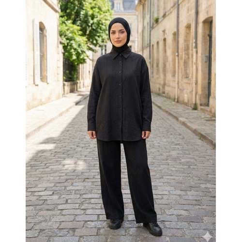 Çizgili Modal Kumaş Takım 26743 - Siyah - L
