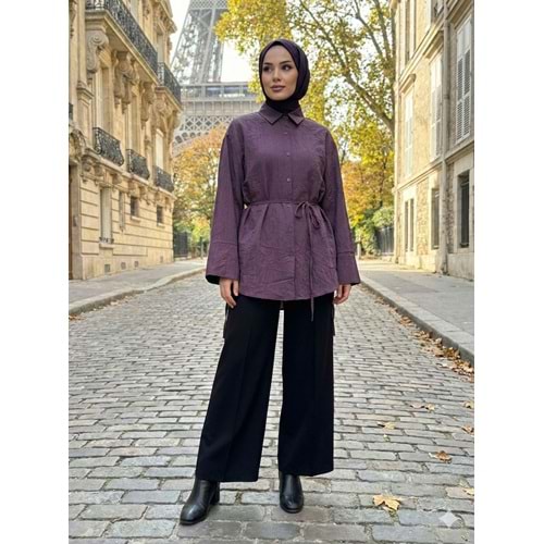 Belden Bağlamalı Modal Kumaş Gömlek 26742 - Mürdüm - L