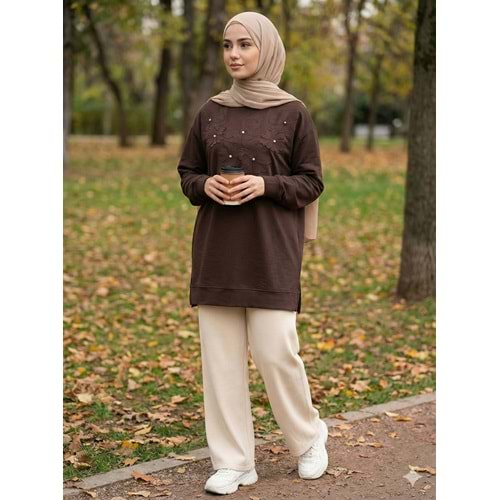 Çiçek Nakışlı Taş Detaylı Tunik 26810 - Acı Kahve - L