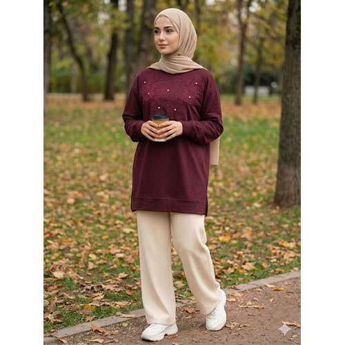 Çiçek Nakışlı Taş Detaylı Tunik 26810 - Bordo - L