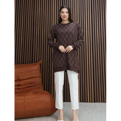 Baklava Taş Dizaynlı Tunik 26772 - Acı Kahve - L