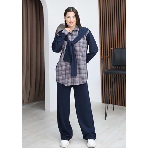 Ekose Garni Detaylı Detaylı Atkılı Takım 26837 - Lacivert - L