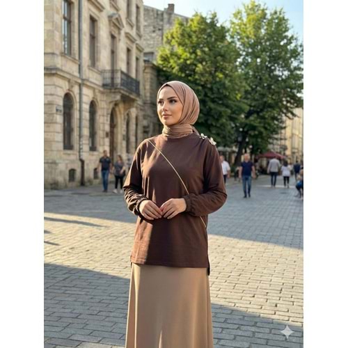 Omuz Büzgülü Aksesuarlı Tunik 26793 - Acı Kahve - L