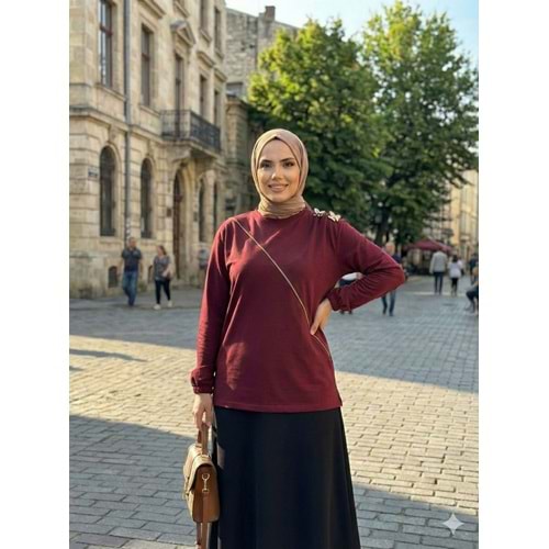 Omuz Büzgülü Aksesuarlı Tunik 26793 - Bordo - M
