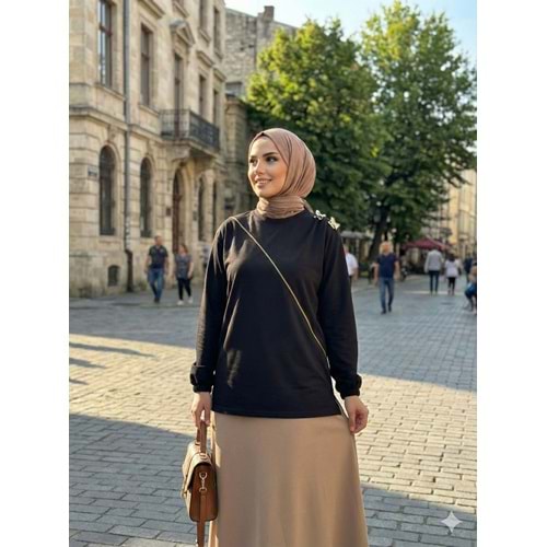 Omuz Büzgülü Aksesuarlı Tunik 26793 - Siyah - L