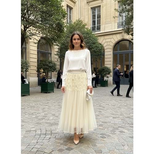 İthal İşlemeli Etek 38997 - Bej - TEK BEDEN