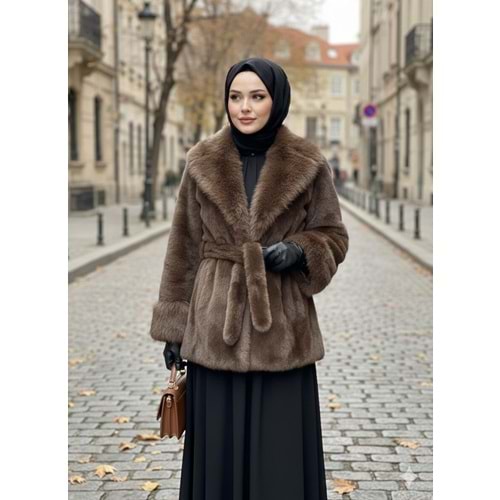 İthal Kürk Mont 99679 - Kahve Rengi - TEK BEDEN