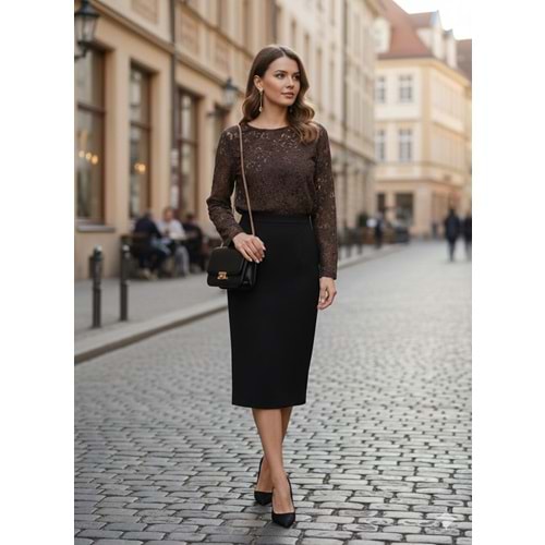 Güpürlü İspanyol Kol Bluz 10644 - Kahve Rengi - S