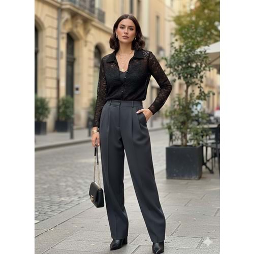 Düğmeli Güpürlü Bluz 10652 - Siyah - L