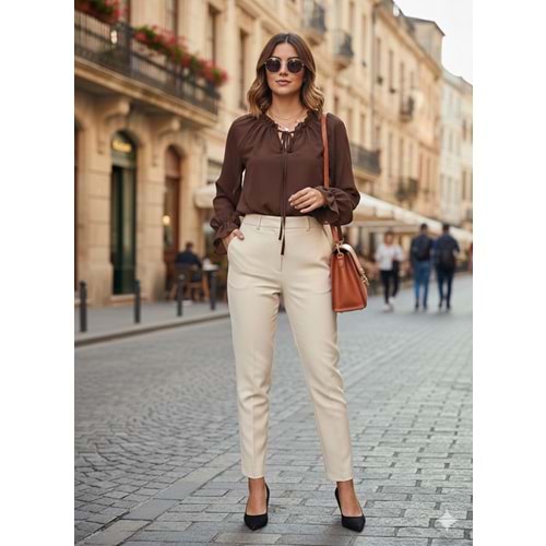 Şifon Bluz 10672 - Kahve Rengi - L