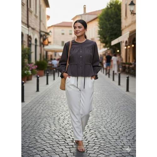 Belden Bağlamalı Kol Ağızı Lastikli Gömlek 26569 - Acı Kahve - L - AZRA07788-60846