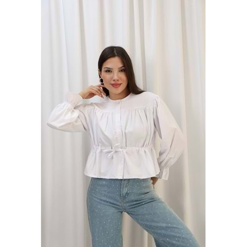 Belden Bağlamalı Kol Ağızı Lastikli Gömlek 26569 - Beyaz - L - AZRA07788-60850