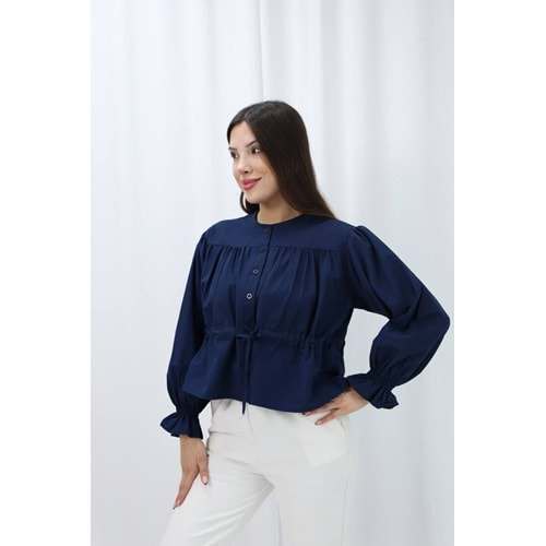 Belden Bağlamalı Kol Ağızı Lastikli Gömlek 26569 - Lacivert - L - AZRA07788-60854